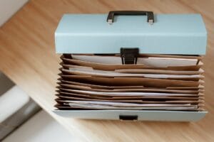 briefcase for documents placed on table